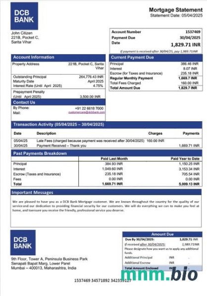 Indie Bank DCB wyciąg z kredytu hipotecznego szablon Word i PDF